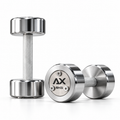 Axiom Strength Chrome steel dumbbell pair with knurled silver handles, shown as a 5kg pair on a white background.