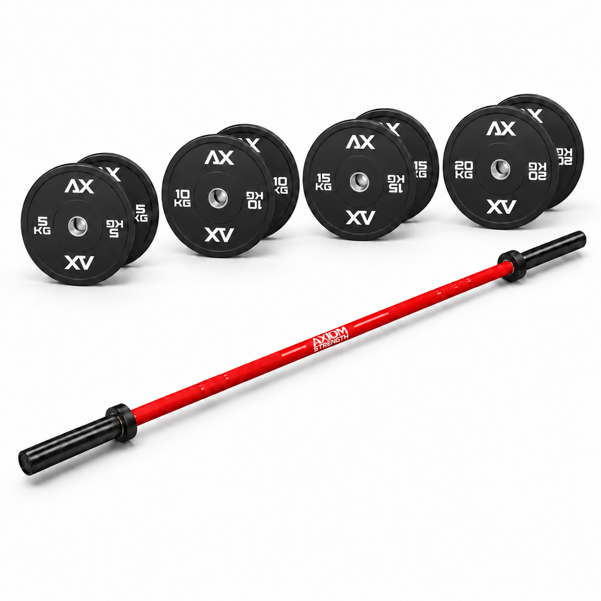 Axiom Strength Essential 120kg bumper package with red Olympic barbell and Black Series plate pairs on a white background