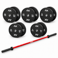 Axiom Strength Performance 170kg bumper package with red Olympic barbell and Black Series plate pairs on a white background